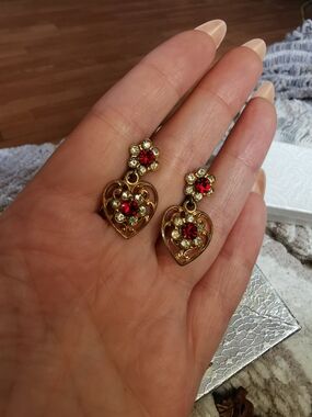 Vintage Charm,  Gold-Tone Heart Drop Earrings with Red and Clear Crystals